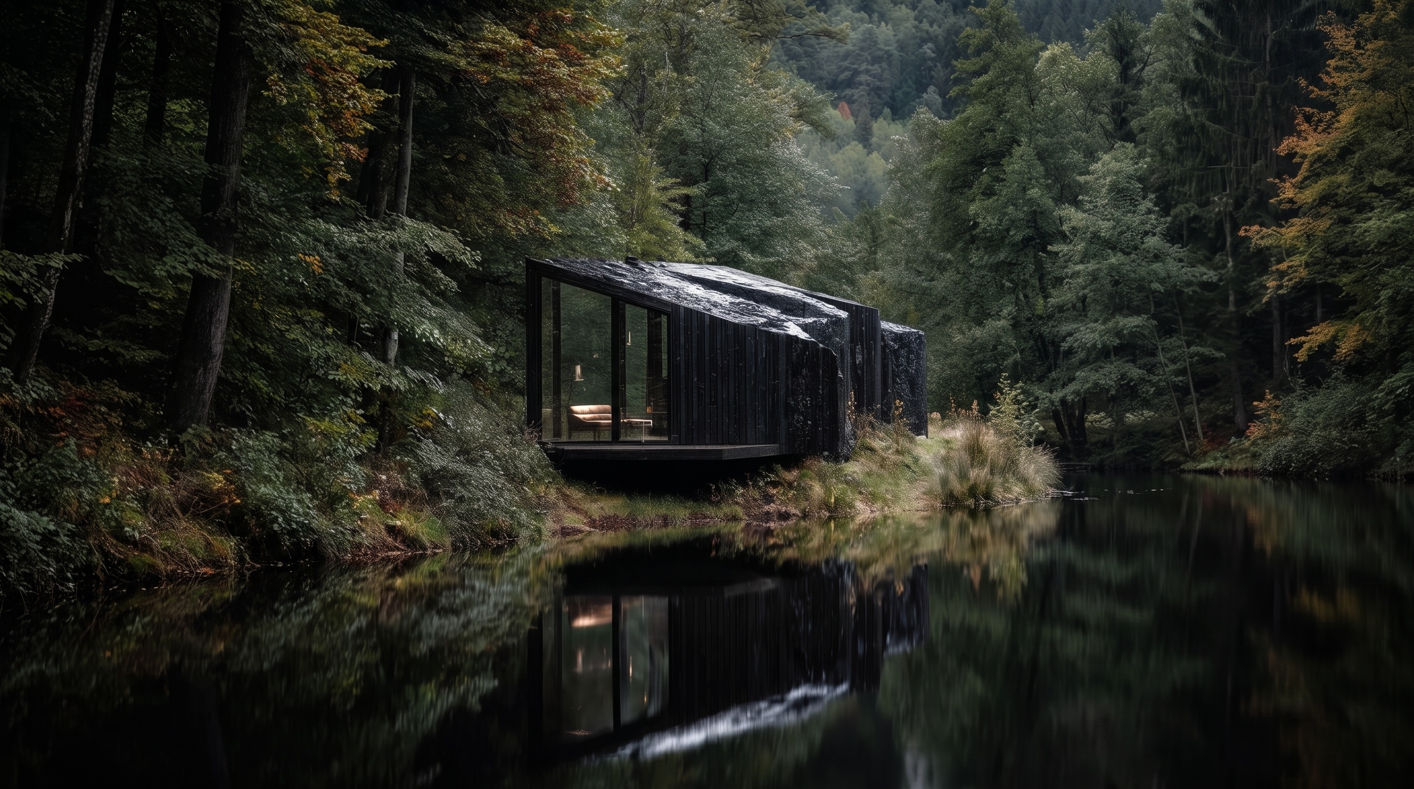 A black charred-timber cabin on the bank of a still forest lake, lit from within
